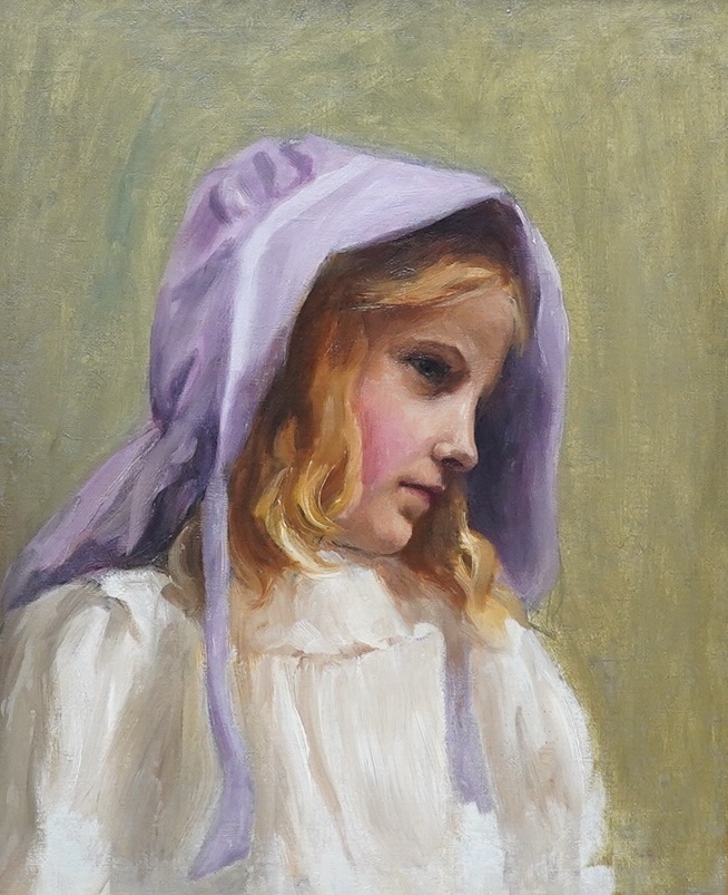 Early 20th century, English School, oil on canvas, Head and shoulders portrait of a young girl wearing a bonnet, unsigned, 54 x 44cm, ornately framed. Condition - good